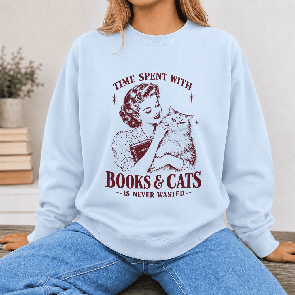 Time Spent With Books & Cats Printed Sweatshirt | Cat Lover Reader Gift Light Blue