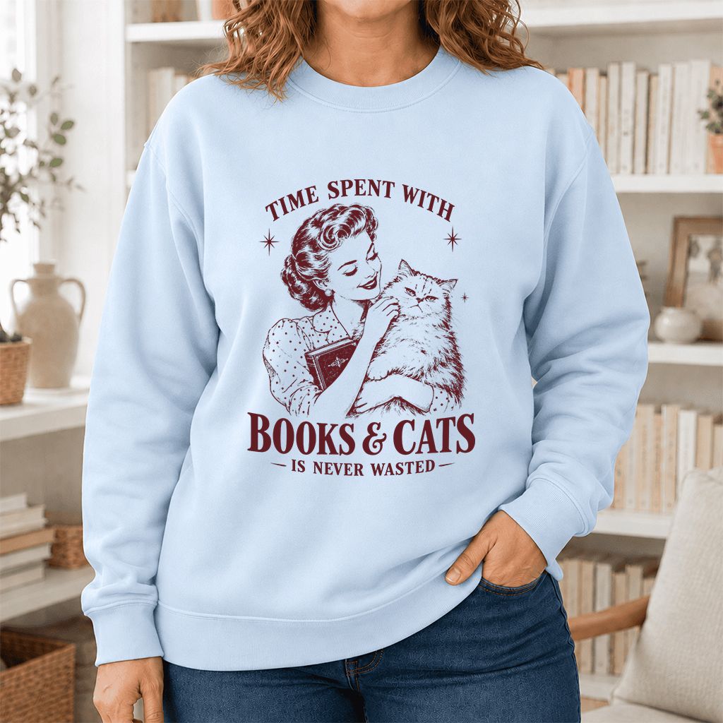 Time Spent With Books & Cats Printed Sweatshirt | Cat Lover Reader Gift Light Blue