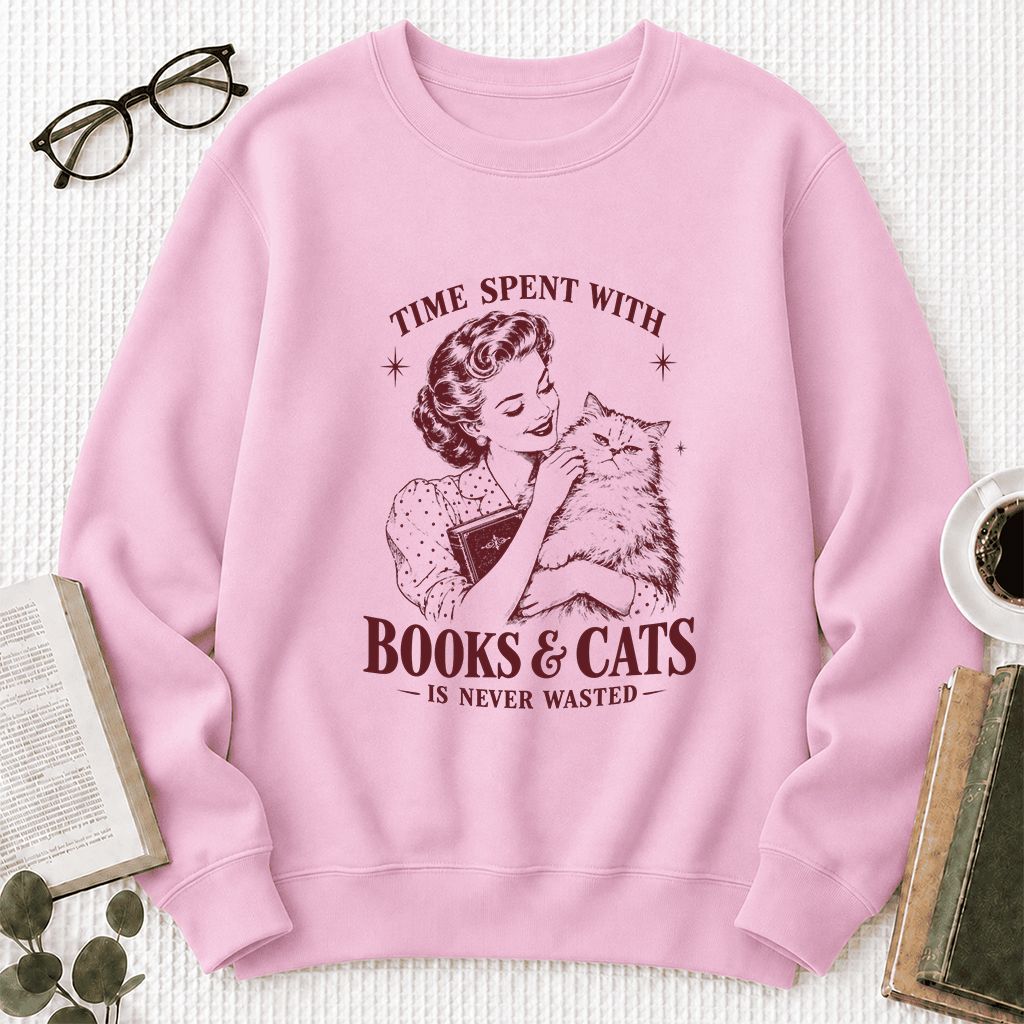 Time Spent With Books & Cats Printed Sweatshirt | Cat Lover Reader Gift Light Pink
