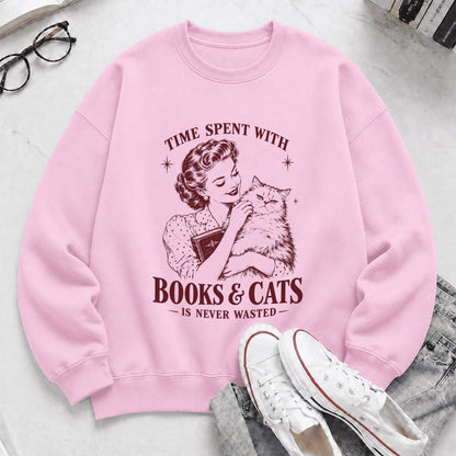 Time Spent With Books & Cats Printed Sweatshirt | Cat Lover Reader Gift Light Pink