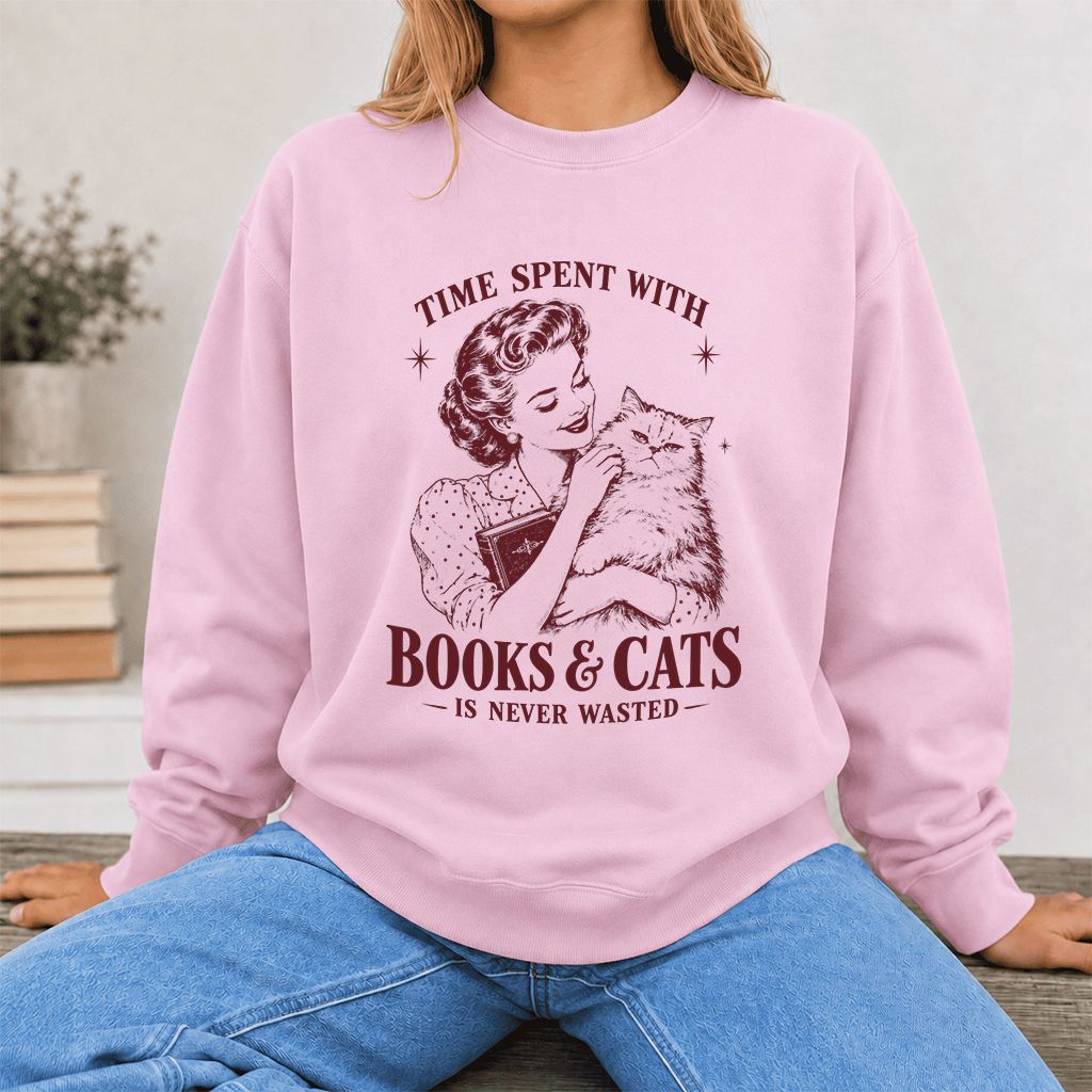 Time Spent With Books & Cats Printed Sweatshirt | Cat Lover Reader Gift Light Pink