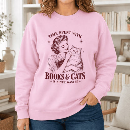 Time Spent With Books & Cats Printed Sweatshirt | Cat Lover Reader Gift Light Pink