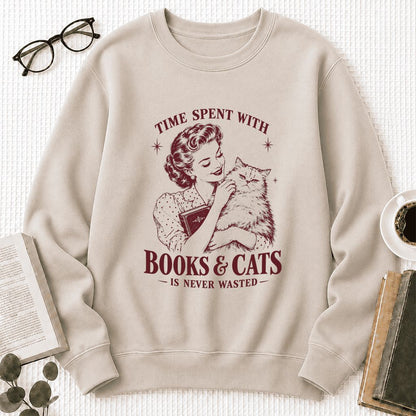 Time Spent With Books & Cats Printed Sweatshirt | Cat Lover Reader Gift Sand