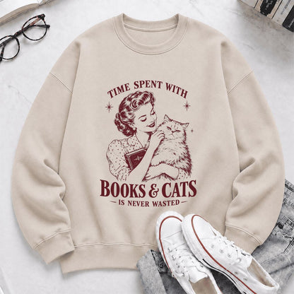 Time Spent With Books & Cats Printed Sweatshirt | Cat Lover Reader Gift Sand