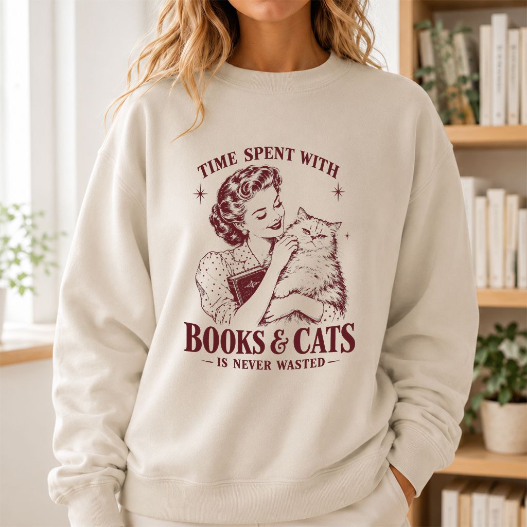 Time Spent With Books & Cats Printed Sweatshirt | Cat Lover Reader Gift Sand