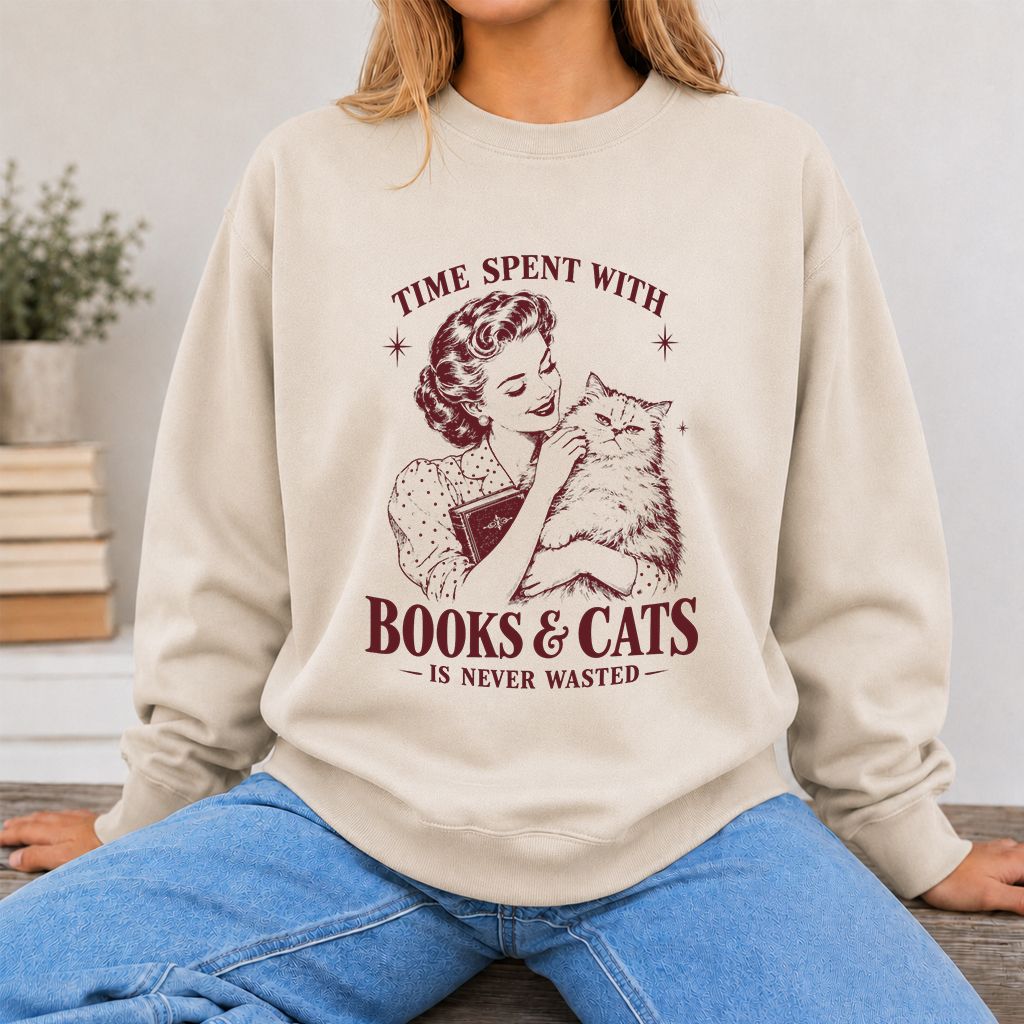 Time Spent With Books & Cats Printed Sweatshirt | Cat Lover Reader Gift Sand