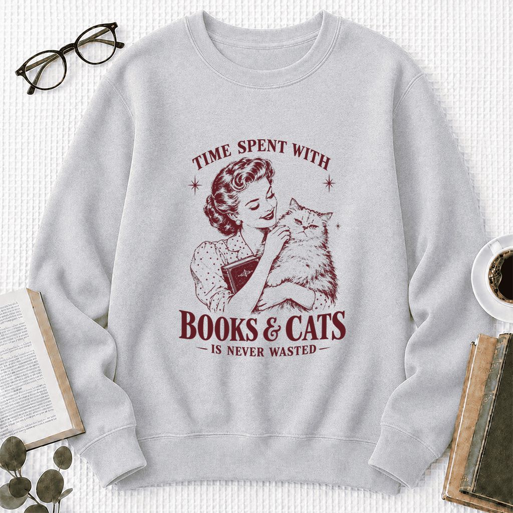 Time Spent With Books & Cats Printed Sweatshirt | Cat Lover Reader Gift Sport Grey
