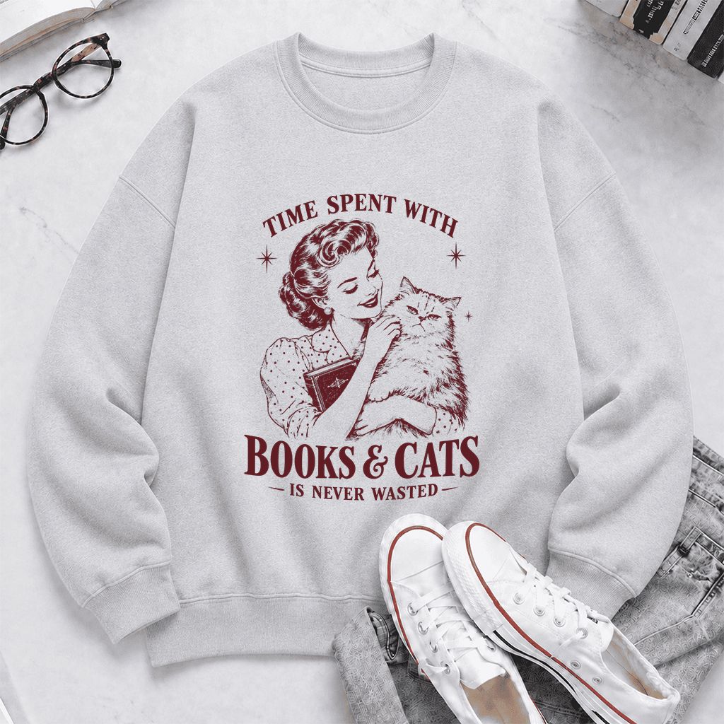 Time Spent With Books & Cats Printed Sweatshirt | Cat Lover Reader Gift Sport Grey
