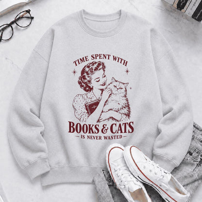 Time Spent With Books & Cats Printed Sweatshirt | Cat Lover Reader Gift Sport Grey