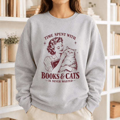 Time Spent With Books & Cats Printed Sweatshirt | Cat Lover Reader Gift Sport Grey