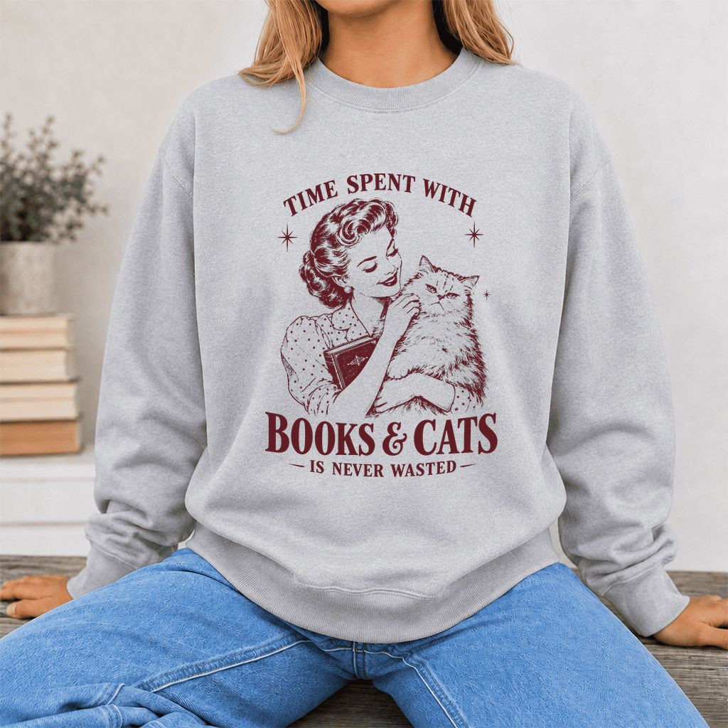 Time Spent With Books & Cats Printed Sweatshirt | Cat Lover Reader Gift Sport Grey