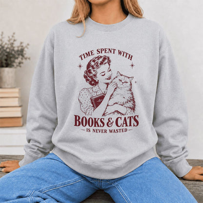 Time Spent With Books & Cats Printed Sweatshirt | Cat Lover Reader Gift Sport Grey