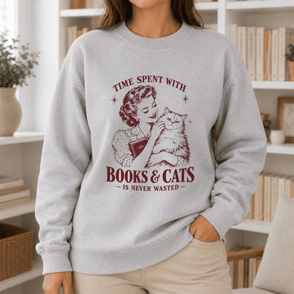 Time Spent With Books & Cats Printed Sweatshirt | Cat Lover Reader Gift Sport Grey
