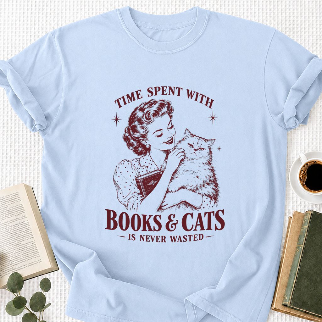 Time Spent With Books & Cats Printed T-Shirt | Cat Lover Reader Gift Light Blue