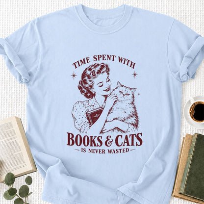 Time Spent With Books & Cats Printed T-Shirt | Cat Lover Reader Gift Light Blue