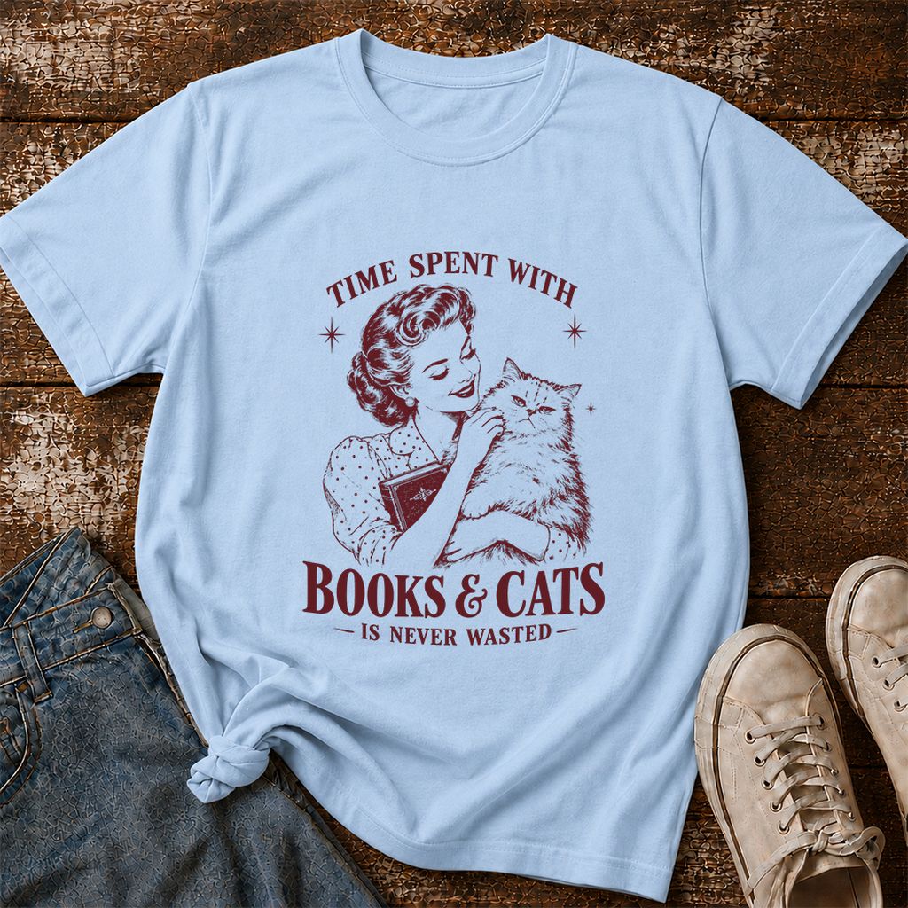 Time Spent With Books & Cats Printed T-Shirt | Cat Lover Reader Gift Light Blue
