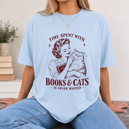 Time Spent With Books & Cats Printed T-Shirt | Cat Lover Reader Gift Light Blue