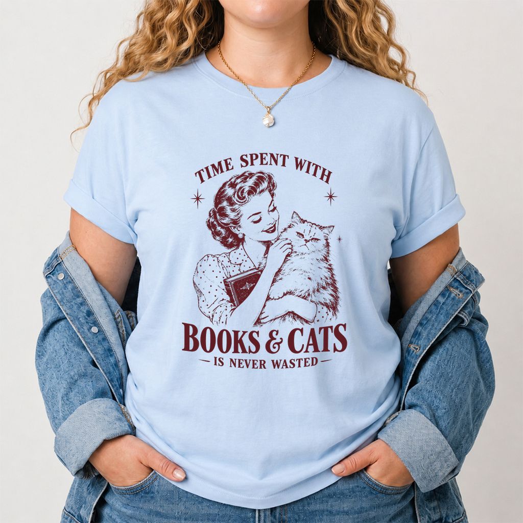 Time Spent With Books & Cats Printed T-Shirt | Cat Lover Reader Gift Light Blue