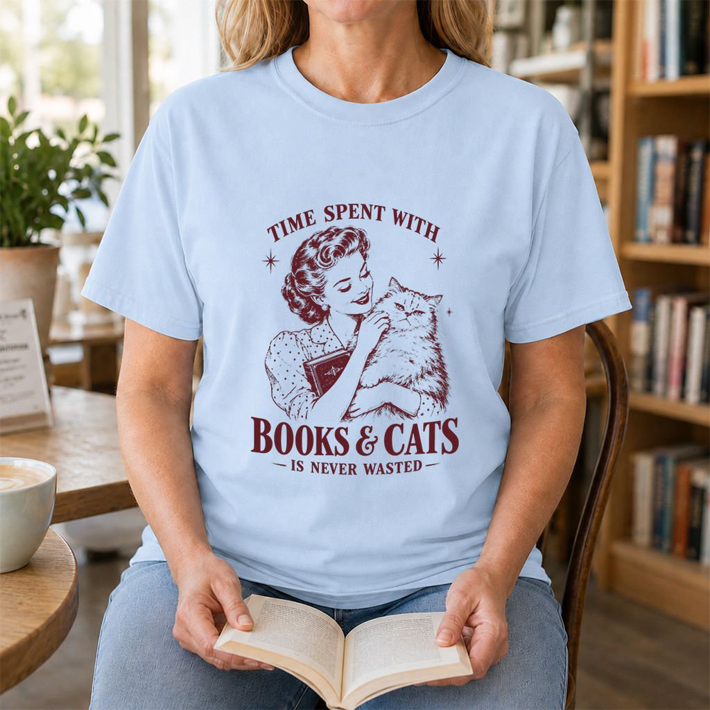 Time Spent With Books & Cats Printed T-Shirt | Cat Lover Reader Gift Light Blue
