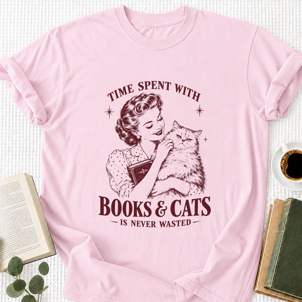 Time Spent With Books & Cats Printed T-Shirt | Cat Lover Reader Gift Light Pink