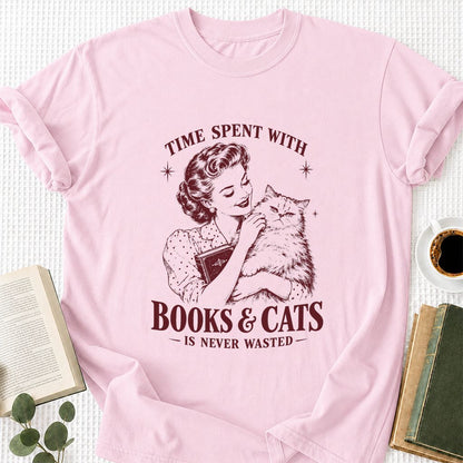Time Spent With Books & Cats Printed T-Shirt | Cat Lover Reader Gift Light Pink