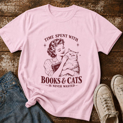 Time Spent With Books & Cats Printed T-Shirt | Cat Lover Reader Gift Light Pink
