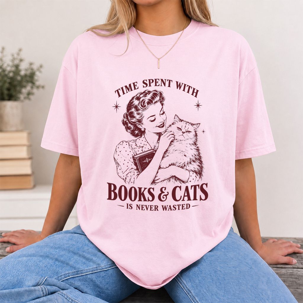 Time Spent With Books & Cats Printed T-Shirt | Cat Lover Reader Gift Light Pink