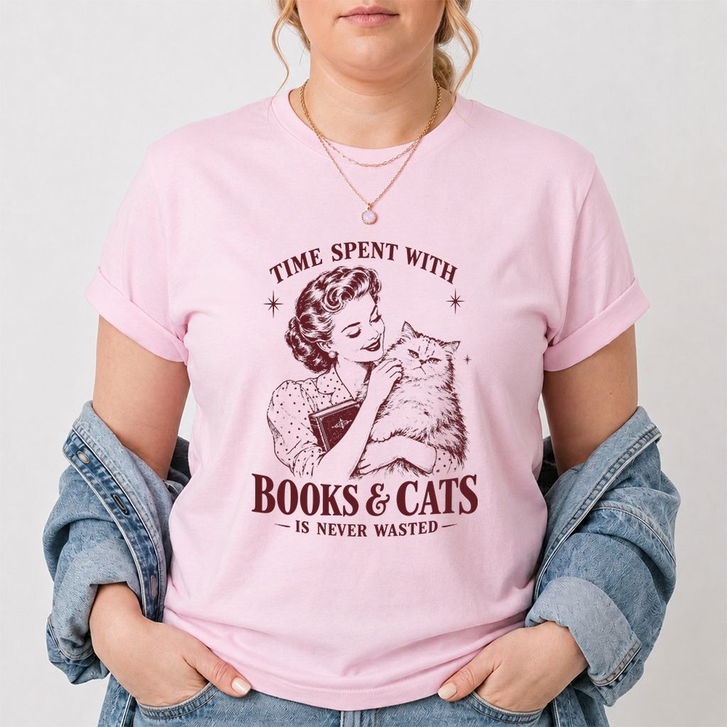 Time Spent With Books & Cats Printed T-Shirt | Cat Lover Reader Gift Light Pink