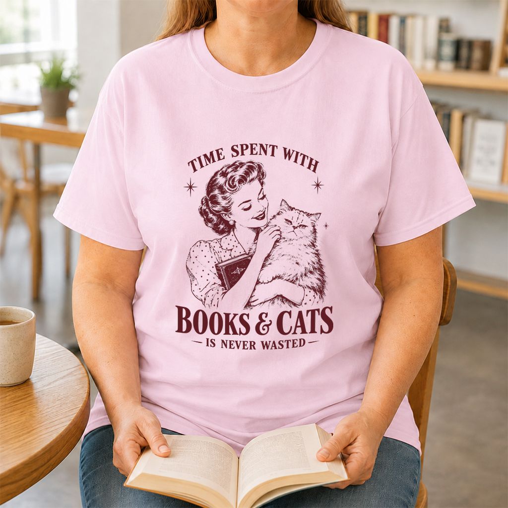 Time Spent With Books & Cats Printed T-Shirt | Cat Lover Reader Gift Light Pink