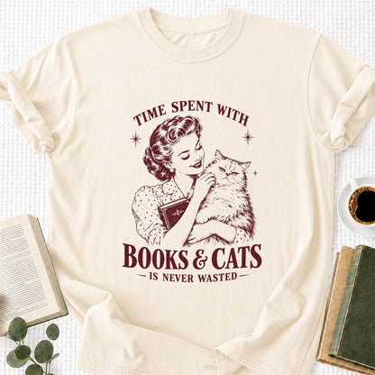 Time Spent With Books & Cats Printed T-Shirt | Cat Lover Reader Gift Natural