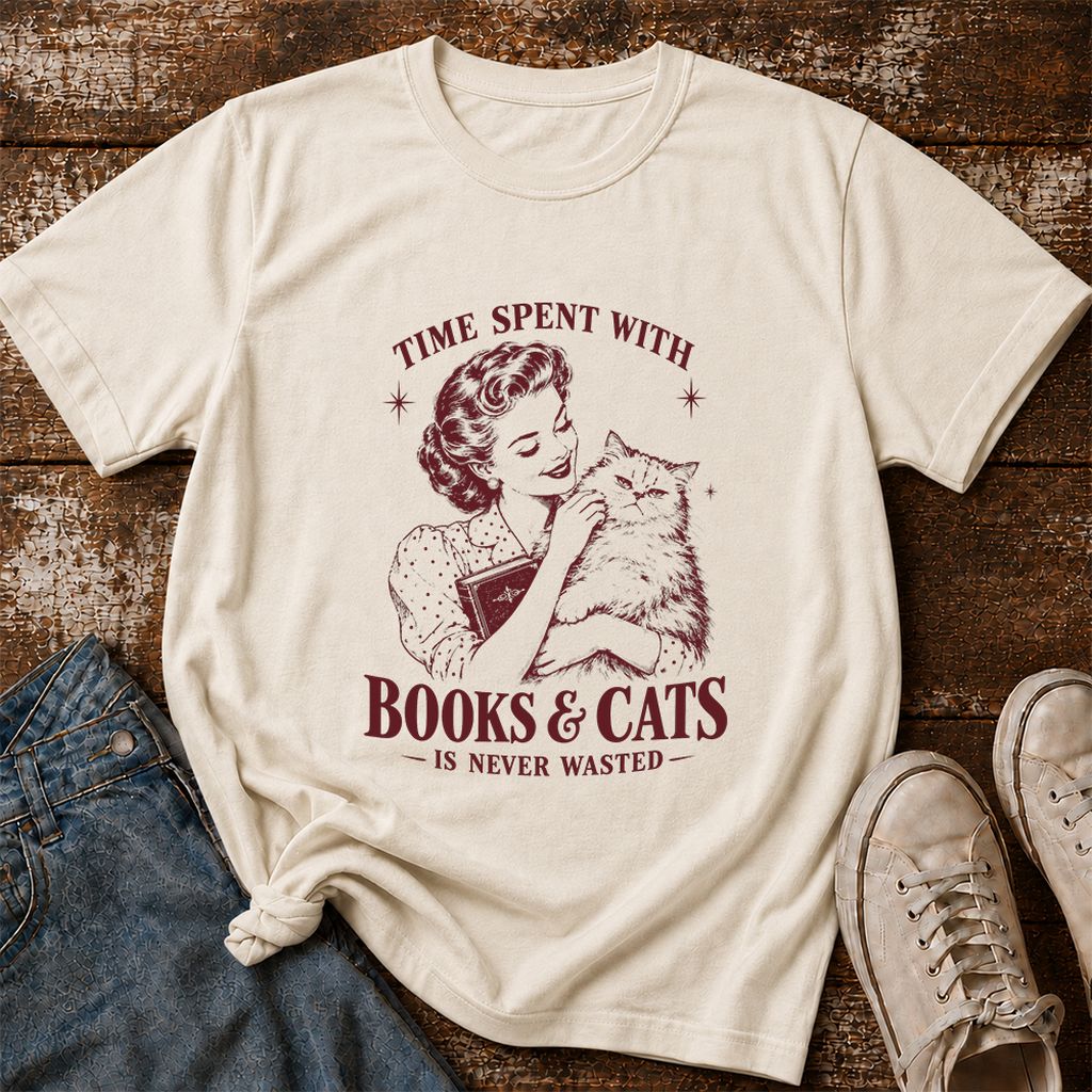 Time Spent With Books & Cats Printed T-Shirt | Cat Lover Reader Gift Natural