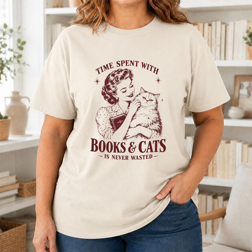 Time Spent With Books & Cats Printed T-Shirt | Cat Lover Reader Gift Natural