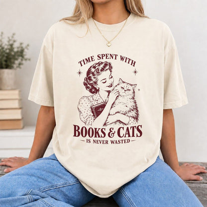Time Spent With Books & Cats Printed T-Shirt | Cat Lover Reader Gift Natural