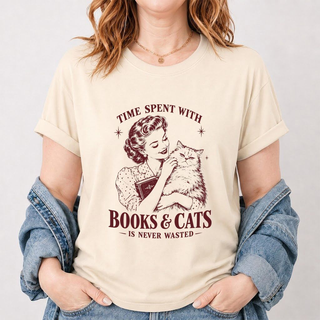 Time Spent With Books & Cats Printed T-Shirt | Cat Lover Reader Gift Natural