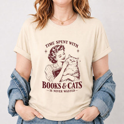 Time Spent With Books & Cats Printed T-Shirt | Cat Lover Reader Gift Natural