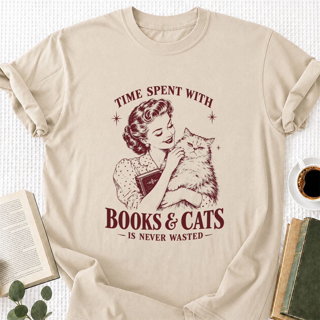 Time Spent With Books & Cats Printed T-Shirt | Cat Lover Reader Gift Sand