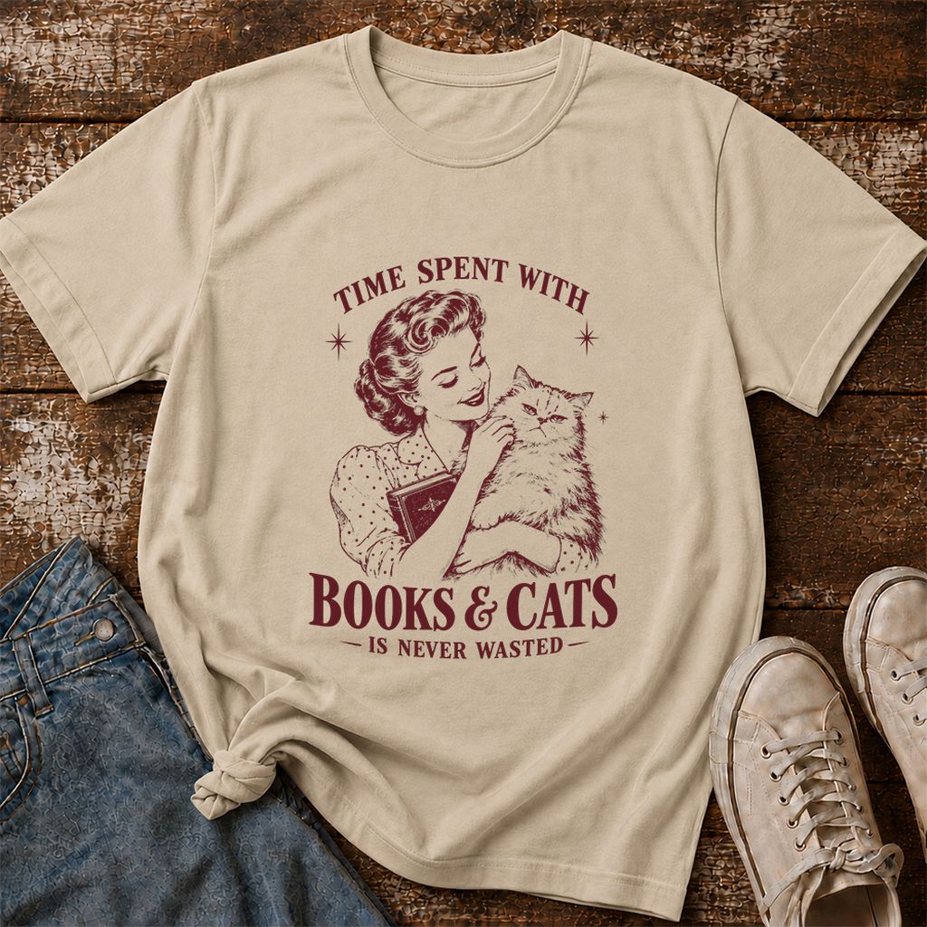 Time Spent With Books & Cats Printed T-Shirt | Cat Lover Reader Gift Sand