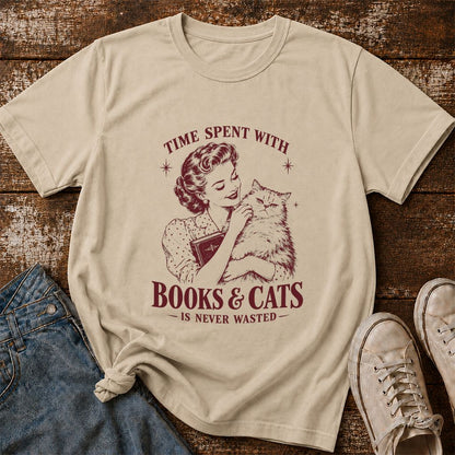 Time Spent With Books & Cats Printed T-Shirt | Cat Lover Reader Gift Sand