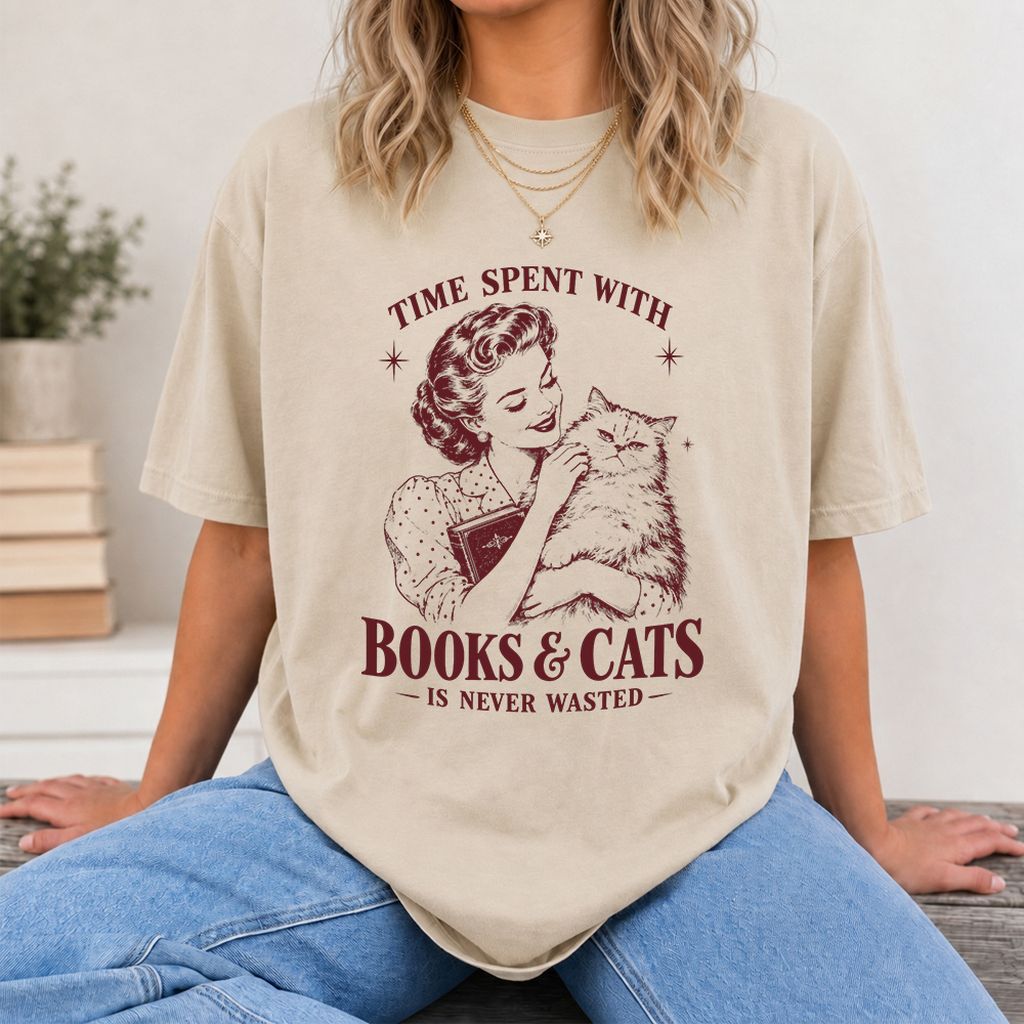 Time Spent With Books & Cats Printed T-Shirt | Cat Lover Reader Gift Sand