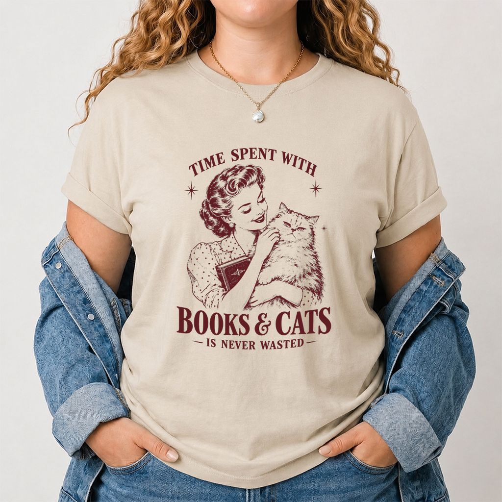 Time Spent With Books & Cats Printed T-Shirt | Cat Lover Reader Gift Sand