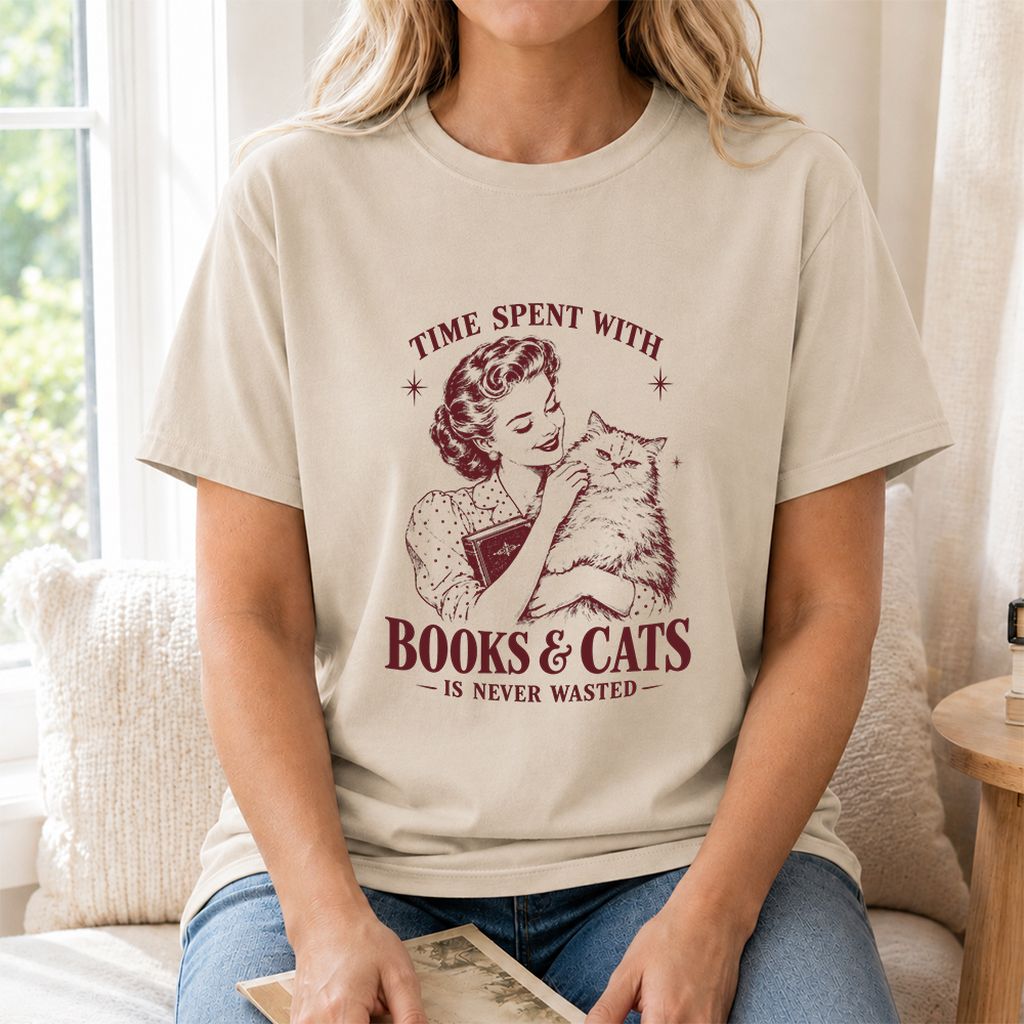 Time Spent With Books & Cats Printed T-Shirt | Cat Lover Reader Gift Sand