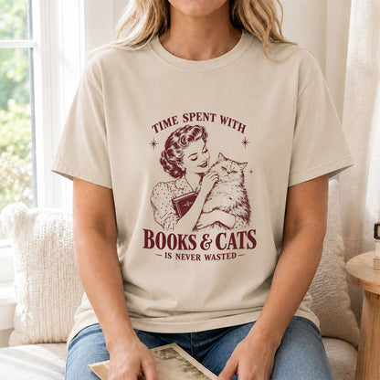 Time Spent With Books & Cats Printed T-Shirt | Cat Lover Reader Gift Sand