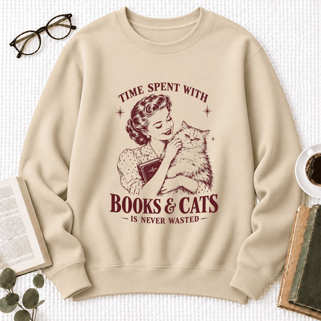 Time Spent With Books & Cats Softstyle Sweatshirt | Cat Lover Reader Gift Sand