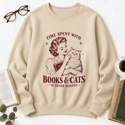 Time Spent With Books & Cats Softstyle Sweatshirt | Cat Lover Reader Gift Sand
