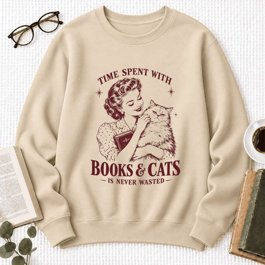 Time Spent With Books & Cats Softstyle Sweatshirt | Cat Lover Reader Gift Sand