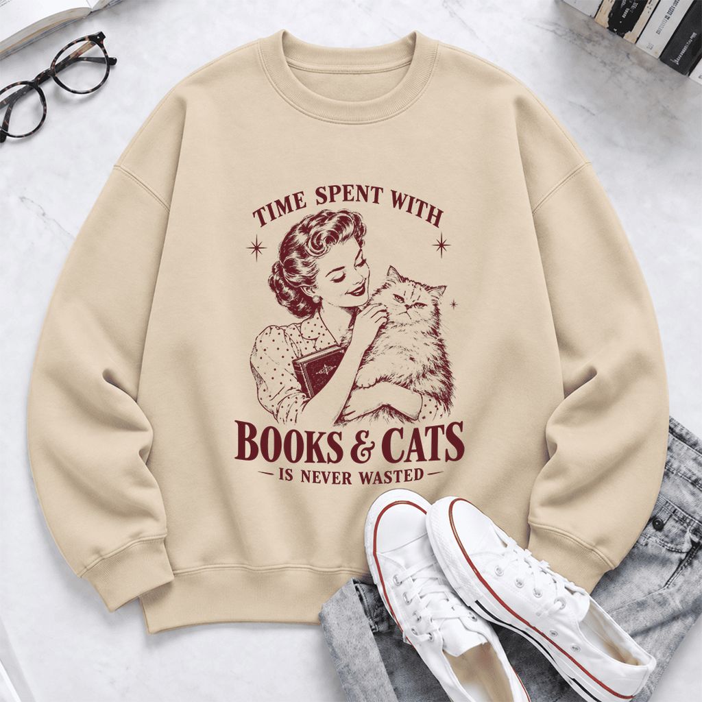 Time Spent With Books & Cats Softstyle Sweatshirt | Cat Lover Reader Gift Sand