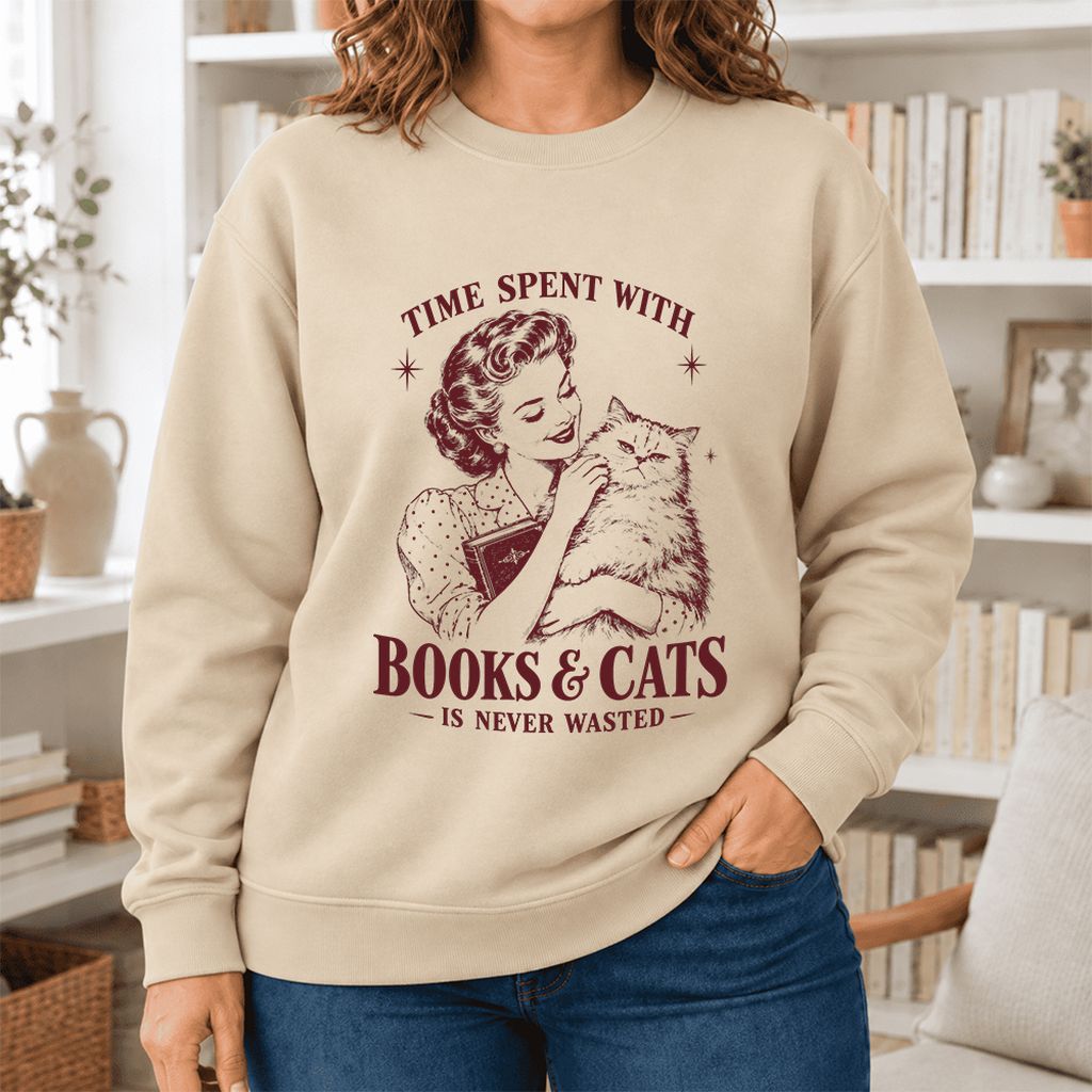 Time Spent With Books & Cats Softstyle Sweatshirt | Cat Lover Reader Gift Sand