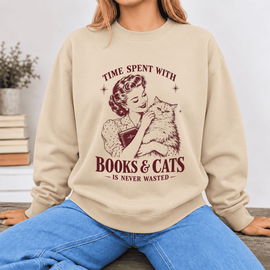 Time Spent With Books & Cats Softstyle Sweatshirt | Cat Lover Reader Gift Sand