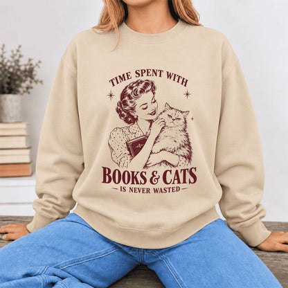 Time Spent With Books & Cats Softstyle Sweatshirt | Cat Lover Reader Gift Sand