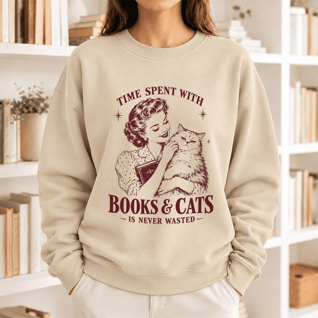 Time Spent With Books & Cats Softstyle Sweatshirt | Cat Lover Reader Gift Sand